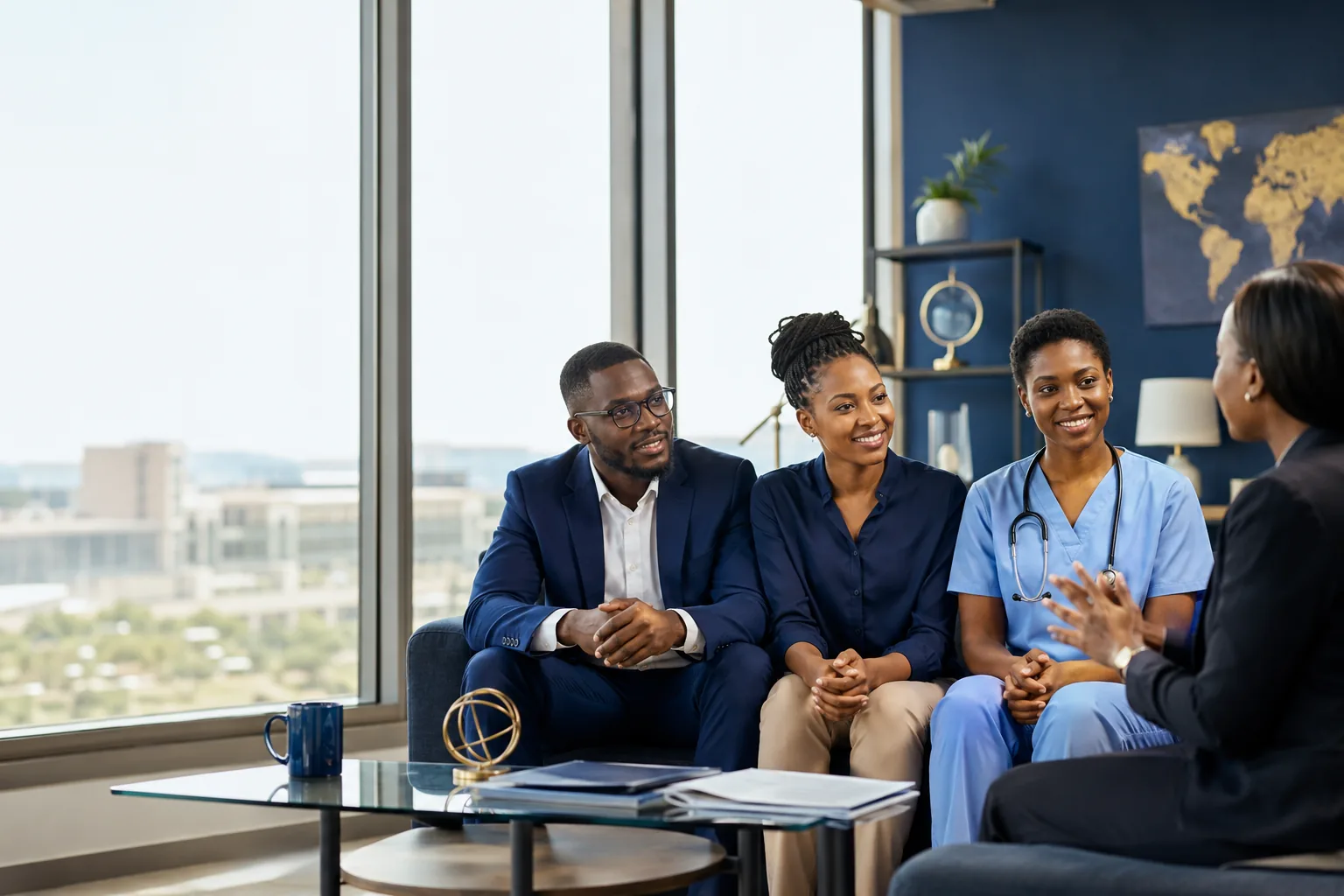 African professionals discussing international career opportunities with a recruiter